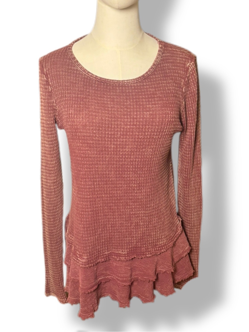 Altar'd State Pink Waffle Knit Ruffle Layered Hem Long Sleeve Top S EUC